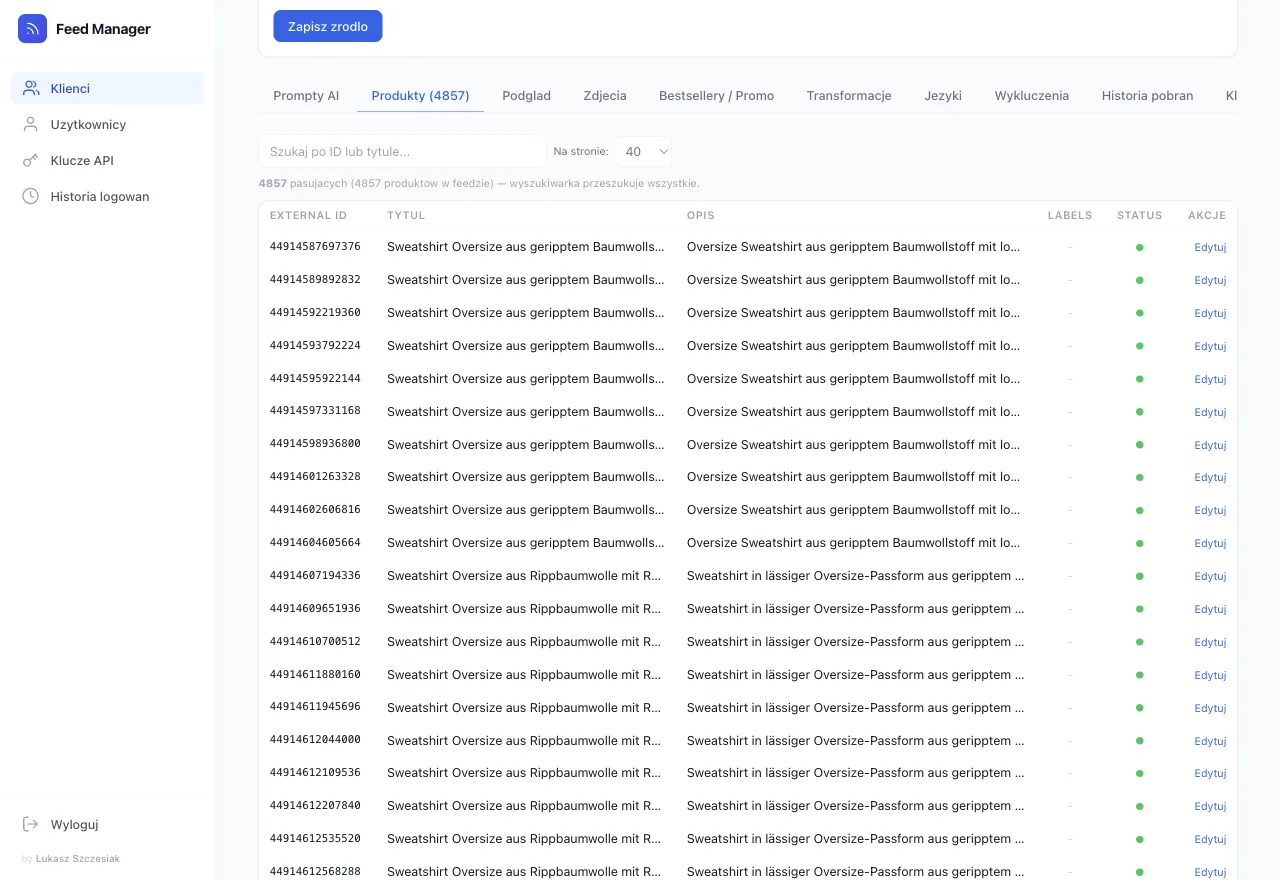 Feed Manager AI: lista produktów i podgląd treści przed publikacją