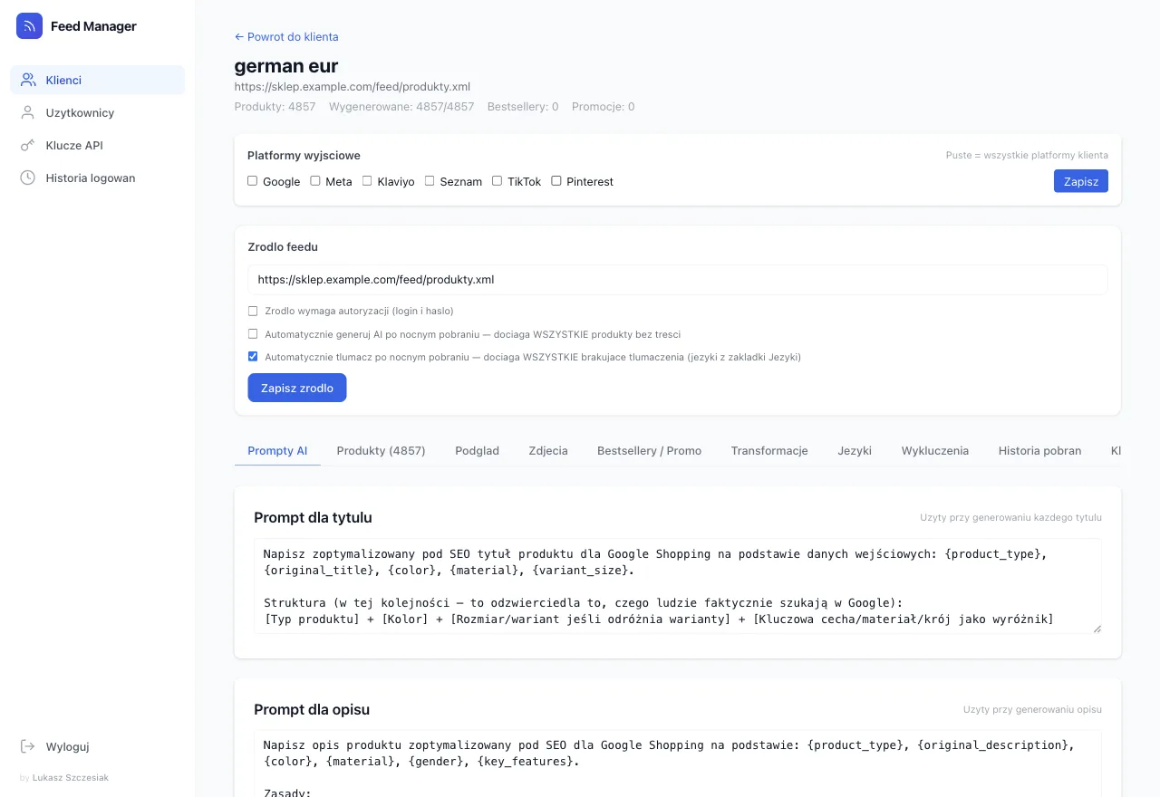Feed Manager AI: platformy wyjściowe Google, Meta, Klaviyo, Seznam, TikTok, Pinterest oraz edytor promptów AI dla tytułów i opisów produktów